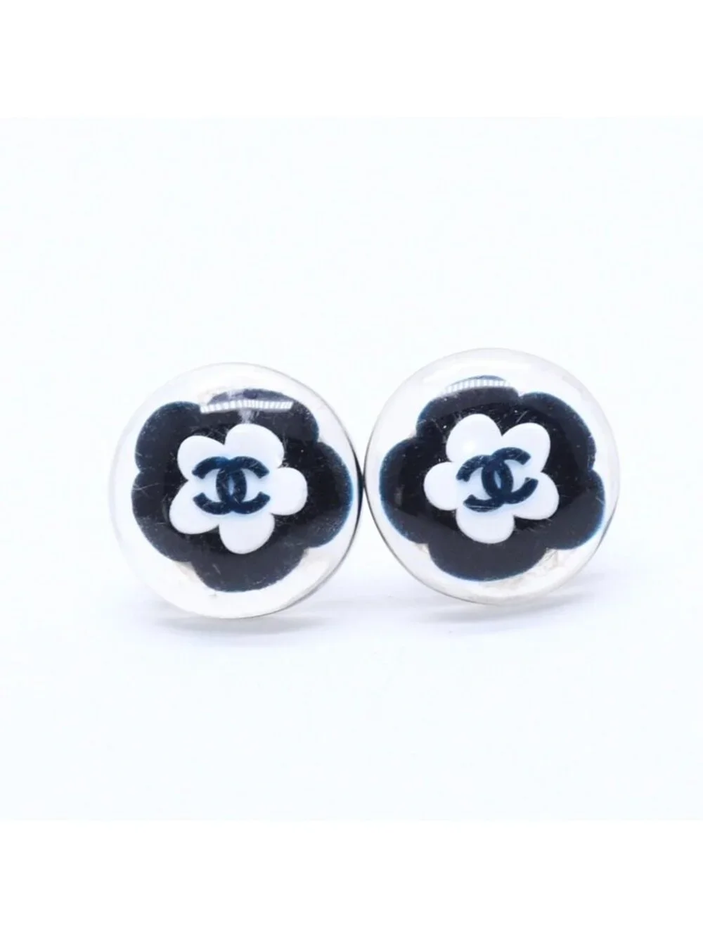 Chanel CC Logo Button Earrings 04 Camellia Clear Black White Resin